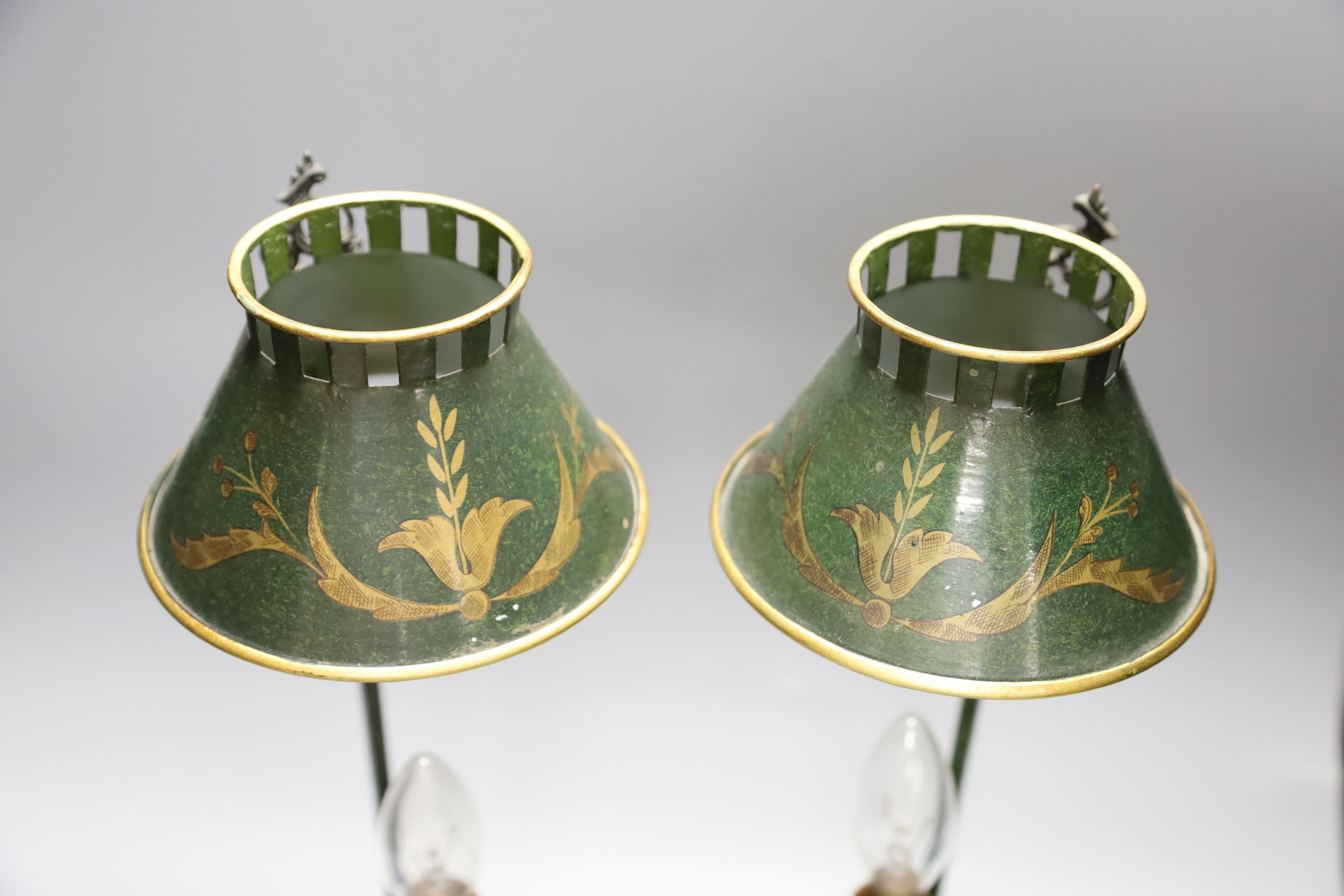 A pair of tole peinte table lamps, height 44cm